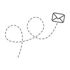 Poster - Envelope with line dotted route. Flying mail symbol. Sending message linear sign. Vector isolated on white.