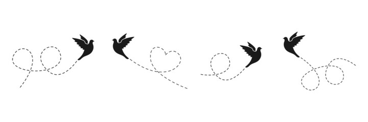 Poster - Birds set with line dotted route. Flying bird group. Black silhouettes. Vector isolated on white.