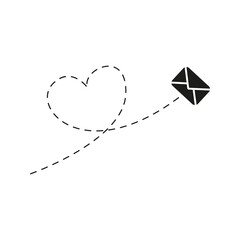 Poster - Envelope with line dotted route in heart shape. Flying mail symbol. Sending message linear sign. Vector isolated on white.
