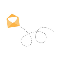 Poster - Envelope with line dotted route. Flying open mail symbol. Sending message linear sign. Vector isolated on white.