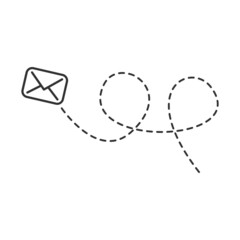 Poster - Envelope with line dotted route. Flying mail symbol. Sending message linear sign. Vector isolated on white.