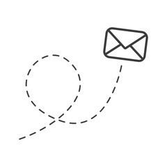 Poster - Envelope with line dotted route. Flying mail symbol. Sending message linear sign. Vector isolated on white.