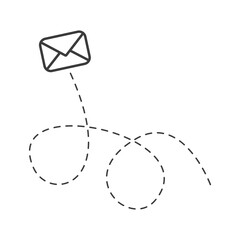 Poster - Envelope with line dotted route. Flying mail symbol. Sending message linear sign. Vector isolated on white.