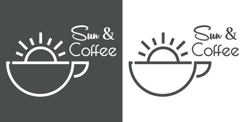 Poster - Coffee Shop. Beach bar. Logotipo con texto Sun & Coffee con silueta de sol en taza de café con líneas en fondo gris y fondo blanco