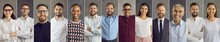 Group Of Many Confident Diverse Multicultural People With Happy Faces. Different Formal And Casual Multi Studio Head Shot Pictures Of Company Staff. Horizontal Panoramic Collage Website Banner Design