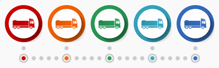 Aufkleber - Truck, cistern concept vector icon set, flat design colorful buttons, infographic template in 5 color options