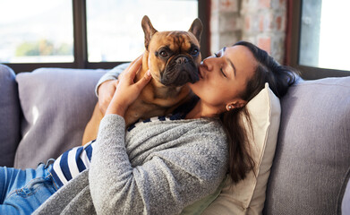Poster - Its a wonder-fur world with my cutie around. Shot of a young woman relaxing with her dog at home.