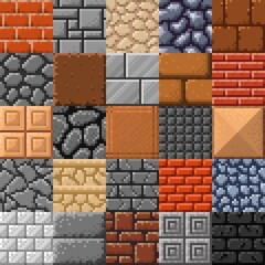 Poster - Tile, stone brick or porcelain stoneware and marble roof tiles, vector retro 8bit pixel art. Game surface pattern background of 8 bit pixel cubic brickwork, rock gravel or concrete wall blocks