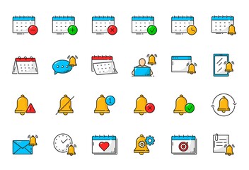 Leinwandbilder - Color reminder, calendar, weekly planner and alarm, vector outline icons. Schedule reminder with clock and bell for agenda notes, web pictogram of month planner or target task with memo notification