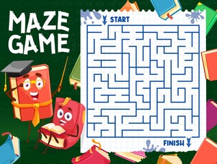 Leinwandbilder - Labyrinth maze with bestseller books and textbooks cartoon characters, vector kids riddle game. Start and finish labyrinth maze with education school books and literature notebooks and copybooks