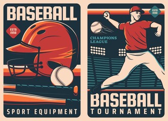 Wall Mural - Baseball sport retro posters with vector balls and bats, pitcher player on base of diamond field and batter player uniform helmet. Baseball sport equipment and tournament match flyer