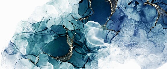 Wall Mural - abstract fluid art painting with alcohol ink, deep blue liquid design illustration with golden veins
