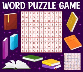 Aufkleber - Books and literature, word search puzzle game worksheet, vector quiz grid. Kids education riddle game to search and fond word with book of poetry, novel or detective with vocabulary and fairy tale
