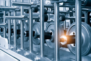 Poster - Crossing of the roller sawmill conveyor, Production line conveyor roller transportation objects.