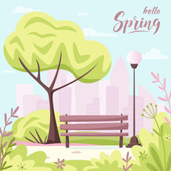 Spring city park with city silhouette and hello spring lettering. Green tree, bush, flower, bench and lantern in city park, holidays concept in flat cartoon style. Urban outdoor. Vector illustration