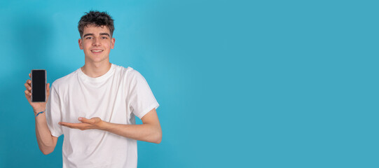 Poster - teenager with mobile phone isolated on background