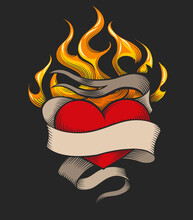 Flaming Heart Emblem On Black Background