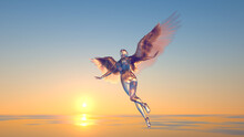 3d Illustration Of A Translucent Angel Flying Into The Sky At Dawn