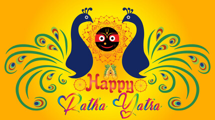 Wall Mural - Illustration of Lord Jagannath, Balabhadra and Subhadra on annual Rathayatra. Happy Rath Yatra Vector illustration of a peacock with yellow gradient background templates.