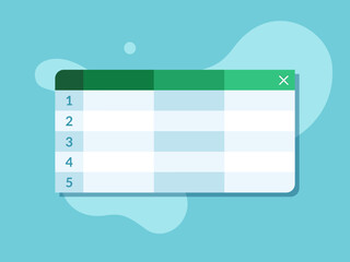 Worksheet application in green and blue colors, depicting title bar, column and rows with numbers. Spreadsheet tables app flat design vector.