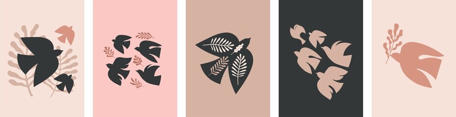 Wall Mural - abstract botanical wall art, contemporary art prints, abstract leaves and birds. nordic, scandinavia