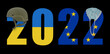 2022 in a mask from a covid and in a helmet with the flag of Ukraine and the European Union