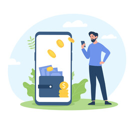 Poster - digital wallet concept. man stands against background of smartphone with money, cashless transaction