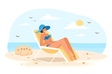 Swimsuit Summer Concept. Young Girl On Sun Lounger. Relax On Tropical Beach, Recuperate. Character Sunbathing With Cocktail In His Hands. Vacation And Adventure. Cartoon Flat Vector Illustration