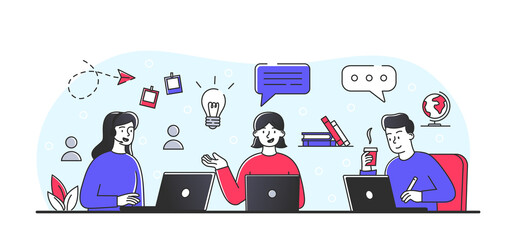 Poster - coworking center concept. men and women at laptops, modern technology and digital world, partnership