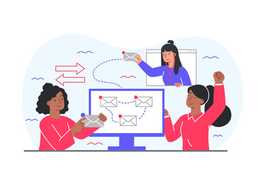 Fototapete - E mail service. Young girls exchange letters, feedback and modern methods of promotion on Internet. Digital world and online communication. Distance employee. Cartoon flat vector illustration