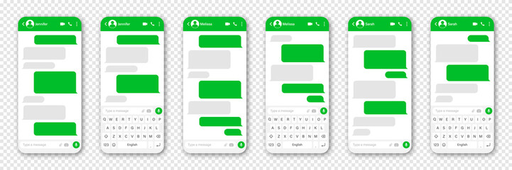Messaging app design, user interface. Blank SMS text frame. Conversation chat screen with green message bubbles. Social media application. Vector illustration.