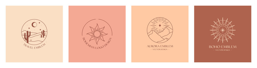 Wall Mural - Vector linear boho emblems with desert landscape,mountain range and celestial symbols.Travel logos with desert dunes;aurora lights,sun,stars;cacti,crescent moon,stars.Modern hiking or camping labels.