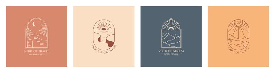 Wall Mural - Vector linear boho emblems with abstract mountain landscapes.Travel logos with mountains or desert dunes;cliffed coast,sun,crescent moon,stars and sunburst.Modern travel icons or symbols.