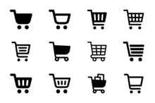 Shopping Cart Icon Set. Shopping Trolley Icon Collection. Online Business Symbol In Black Design.