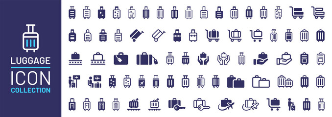 Poster - Luggage icon collection. Luggage trolley line icon set. Suitcase bag sign. Baggage claim symbol. Vector illustration