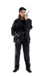 African-American female security guard with radio transmitter on white background