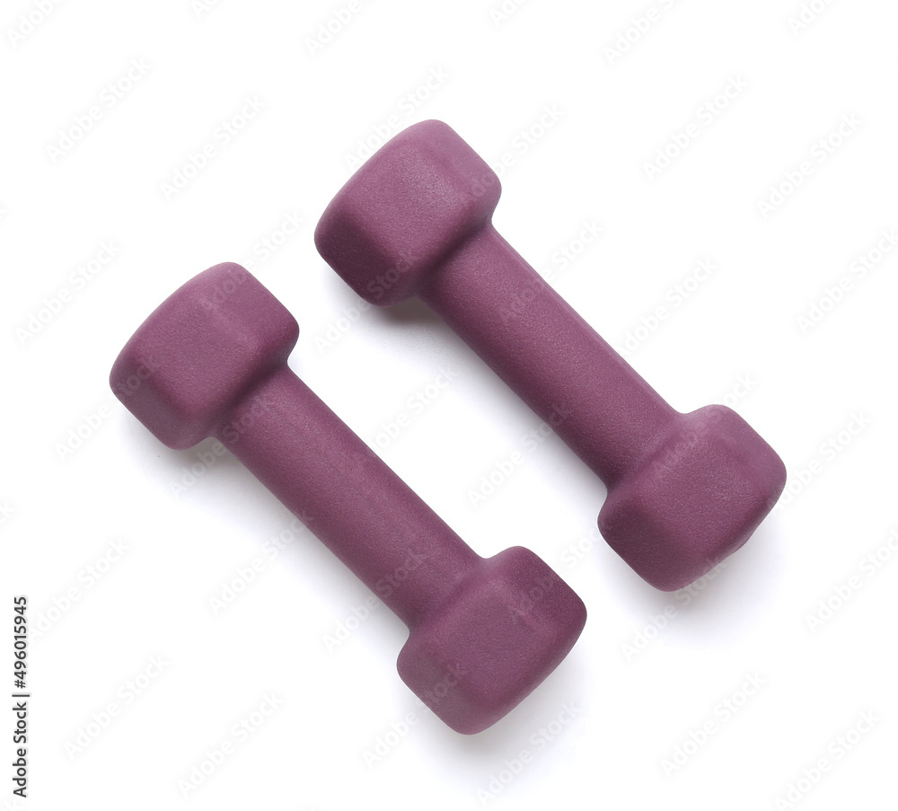 Stylish purple dumbbells on white background