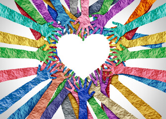 Wall Mural - United diversity and unity partnership as heart hands in a group of diverse people connected together shaped as a support symbol expressing the feeling of teamwork and togetherness.
