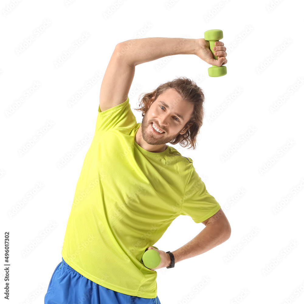 Sporty man with dumbbells on white background