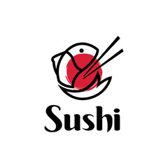 Seafood, japanese sushi logo design, fish stylish, chopstick and swoosh bowl japanese illustration