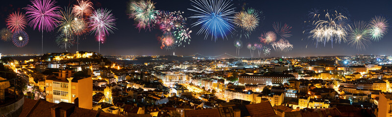 Poster - Skyline panorama of Lisbon with firework display. Portugal