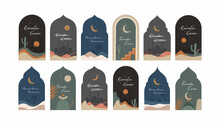 Collection Of Ramadan Kareem Greeting Cards Illustration Design Vector Template. Ramadan Mubarak Modern Cards With Retro Boho Style Design, Islamic Frame, Crescent, Mosque, Moon And Desert.
