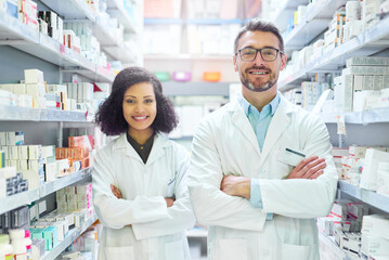 Poster - If its good for you, weve got it in stock. Portrait of a confident mature man and young woman working together in a pharmacy.