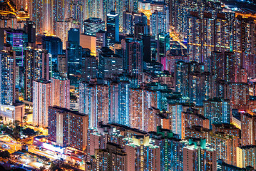 Wall Mural - Amazing Hong Kong Night View, Kowloon district, shooting from lion rock peak. cyperpunk color