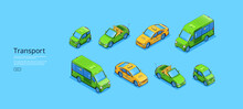 Transport poster with isometric mini van, taxi, cabriolet and small car. Vector banner with flat illustration of minibus, luxury auto without roof, yellow cab and compact car