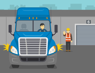 Heavy vehicle driving. Blue semi-trailer turned on hazard lights and backing. Spotter helps to reverse truck safely and shows stop gesture. Flat vector illustration template.