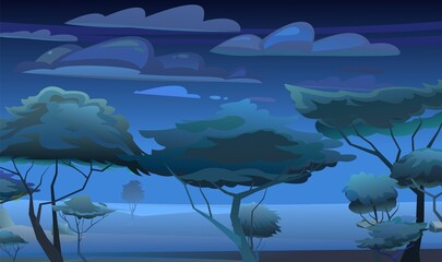 Wall Mural - night landscape africa. blue dark coolness. scene with sand and plants. savannah in desert. african 