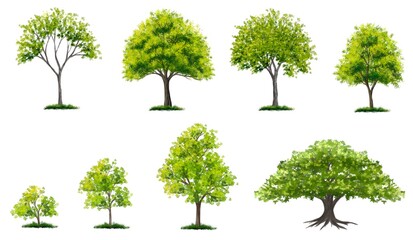 Watercolor Set of tree side view isolated on white background for landscape and architecture layout drawing, elements for environment and garden