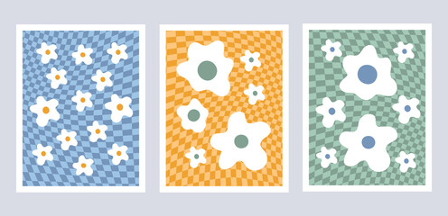 Poster - Abstract set retro aesthetic backgrounds with groovy daisy flowers on colorful checkered background. Vintage floral mid century art prints in style hippie 60s, 70s. Vector illustration	
