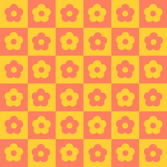 Aufkleber - Checkerboard bright seamless pattern with geometric shaped flowers in yellow red colors. Colorful vector background in retro style 60s, 70s.	
